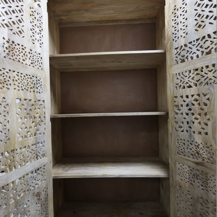 XL tall ornate carved mango wood shelved armoire cupboard
