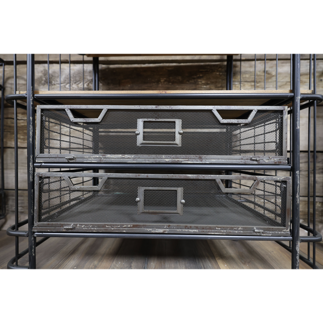 Tall 4 tier caged metal & wood baker display shelves
