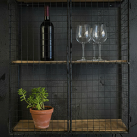 Black metal drinks shelving unit with rustic wood shelves: Elderflower Lane