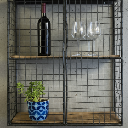 Black metal mesh wall drinks cabinet with rustic wood shelves and glass holders, 88cm height"  Elderflower Lane UK