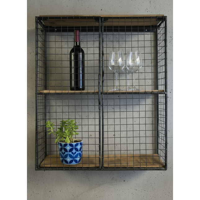 Black metal drinks shelving unit with rustic wood shelves: Elderflower Lane