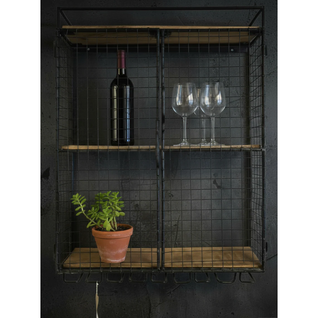 Black metal drinks shelving unit with rustic wood shelves: Elderflower Lane