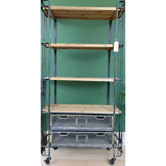 Tall Metal caged & reclaimed wood baker shelves cabinet