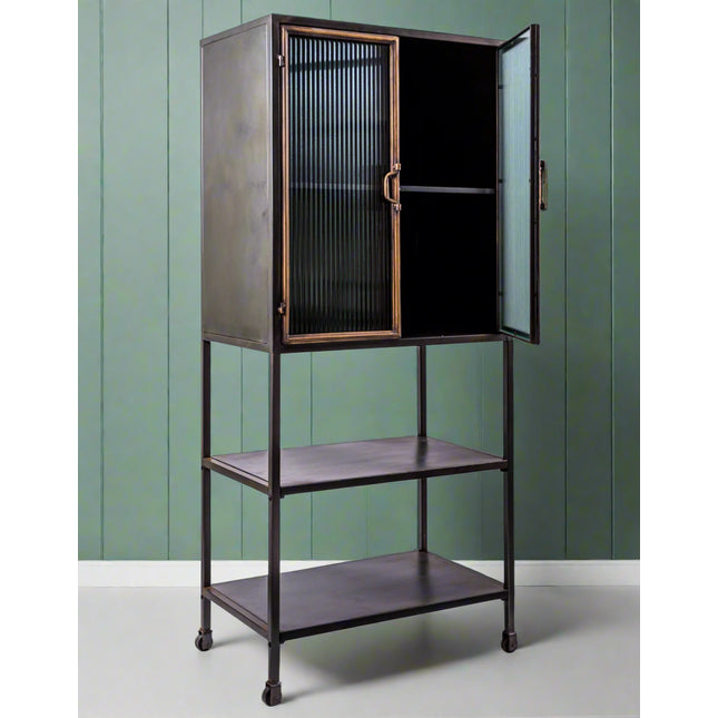 Tall black metal & ribbed glass storage cabinet