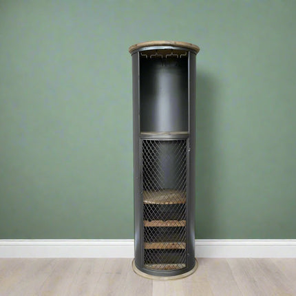 Tall slim round black iron drinks cabinet - Back in stock May