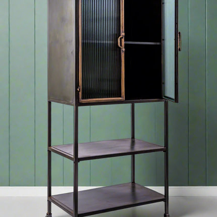 Tall black metal & ribbed glass storage cabinet