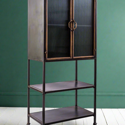Tall black metal & ribbed glass storage cabinet