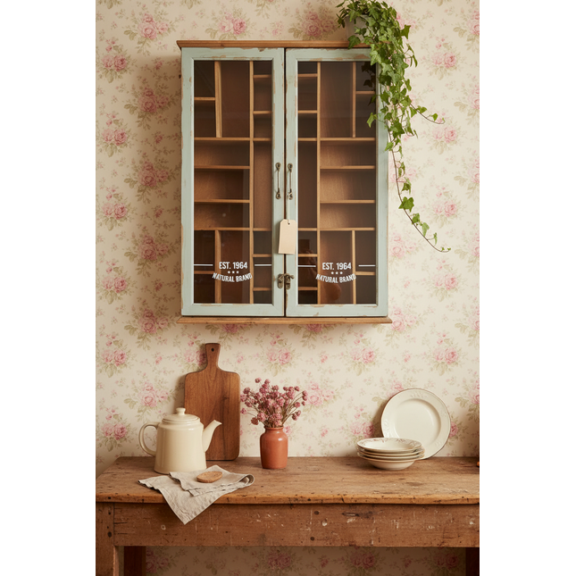 Glass Fronted Green Rustic Wood Wall Display Cabinet