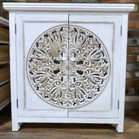 Rustic hand carved whitewashed storage cabinet
