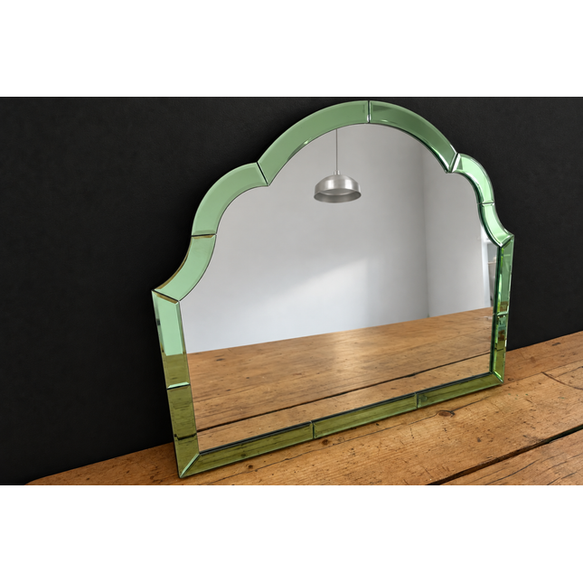 Green glass overmantle arched wall mirror - H50cm