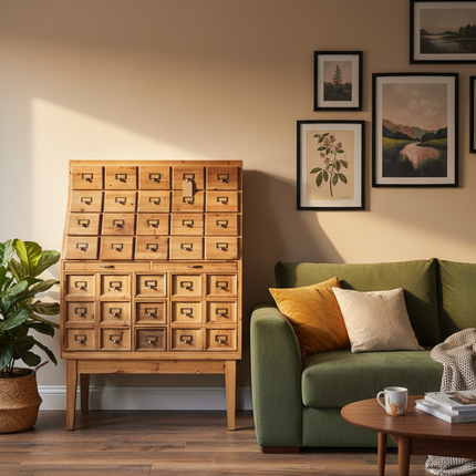 wooden multi drawer apothecary cabinet in lounge setting - Elderflower Lane