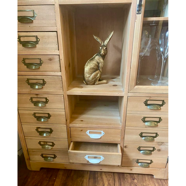 Tall slim rustic wood multi drawer storage display cabinet