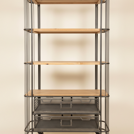 Tall 4 tier caged metal & wood baker display shelves on wheels.