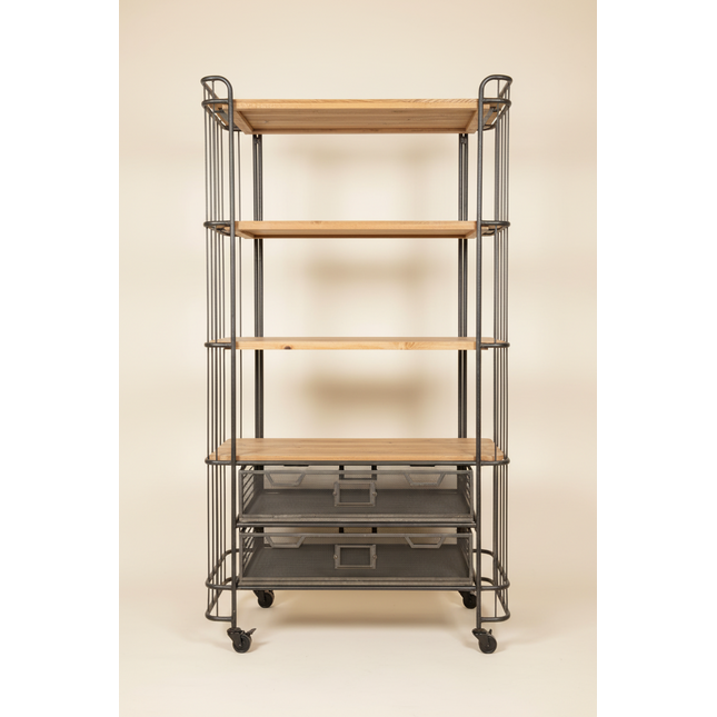 Tall 4 tier caged metal & wood baker display shelves on wheels.
