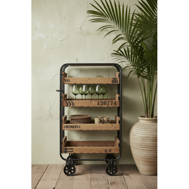 Industrail black metal shelving trolley on wheels - Elderflower Lane UK