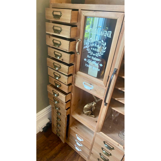 Tall slim rustic wood multi drawer storage display cabinet