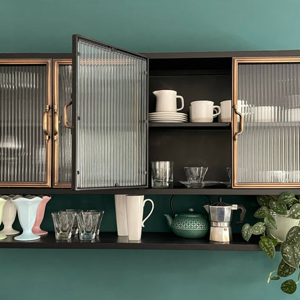 Black metal  wide wall storage cabinet with ribbed glass double doors