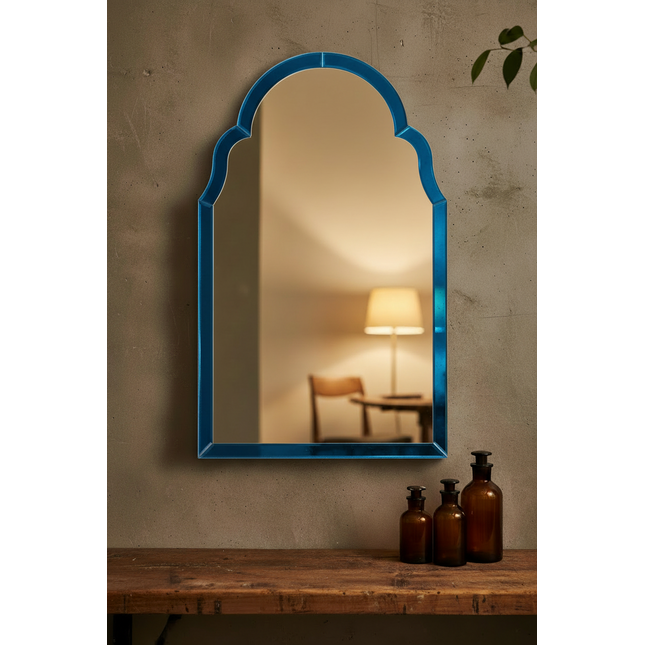Blue glass arched wall mirror - H80cm