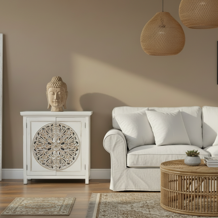 White boho carved cabinet - Elderflower Lane