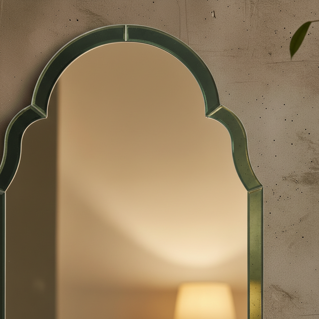 Arched green glass wall mirror UK - Elderflower Lane
