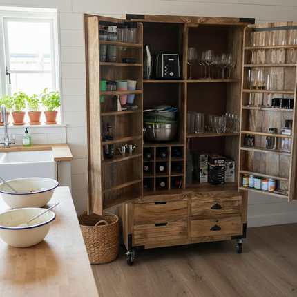 Tall Wood Larder Cabinet | Drinks & Storage Cupboard with Wine Rack | 180cm Freestanding | Rustic- Elderflower Lane