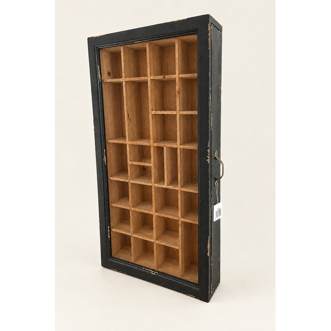 Black rustic wood multi compartment wall display cabinet