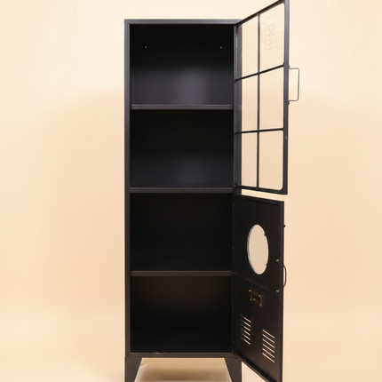 Tall Black Metal & Glass Display Cabinet