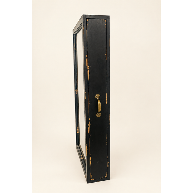Black rustic wood multi compartment wall display cabinet
