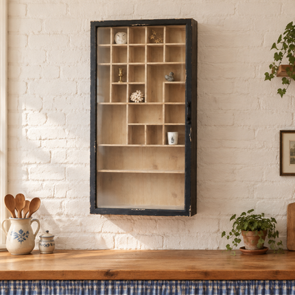 Glass Fronted Black Rustic Wood Wall Display Cabinet - Elderflower Lane