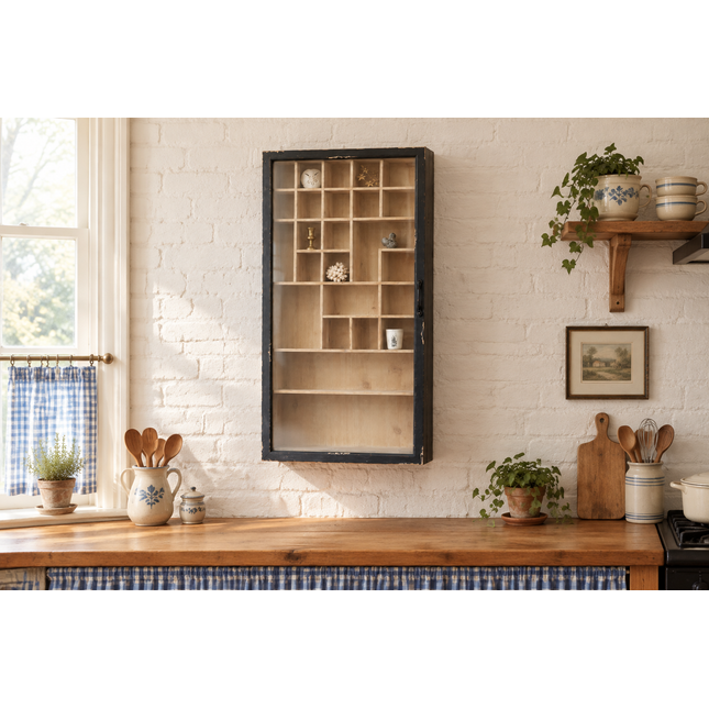 Glass Fronted Black Rustic Wood Wall Display Cabinet - Elderflower Lane