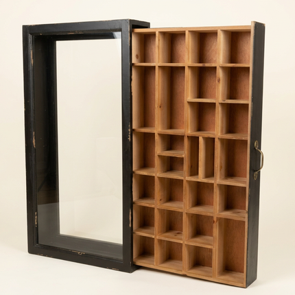 Black rustic wood multi compartment wall display cabinet