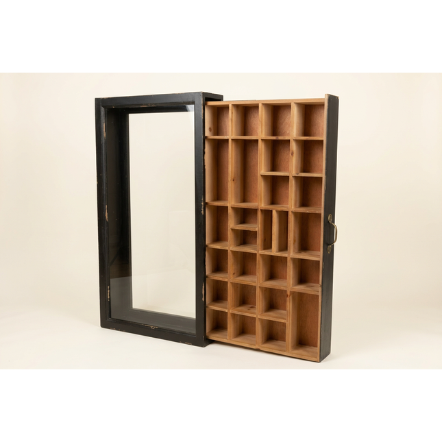 Black rustic wood multi compartment wall display cabinet