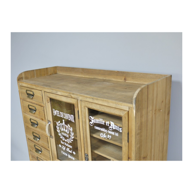 Tall slim rustic wood multi drawer storage display cabinet
