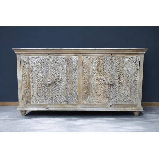 Artisan 6ft wide hand carved rustic natural wood sideboard cabinet