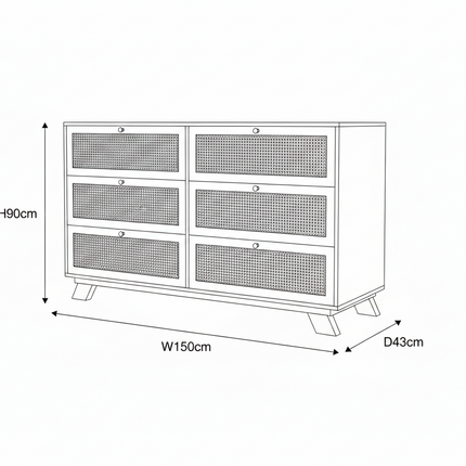 Wood & Rattan Chest of 6 Drawers — 150cm