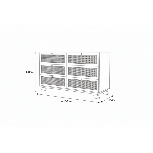 Wood & Rattan Chest of 6 Drawers — 150cm