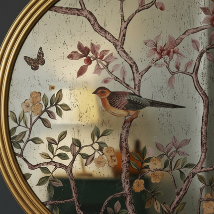 Gold round botanical bird wall mirror - 73cm Diameter