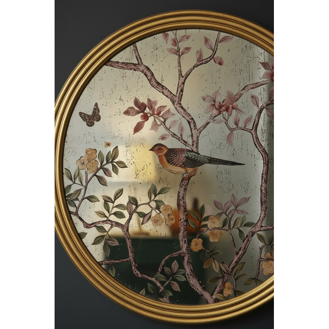 Gold round botanical bird wall mirror - 73cm Diameter