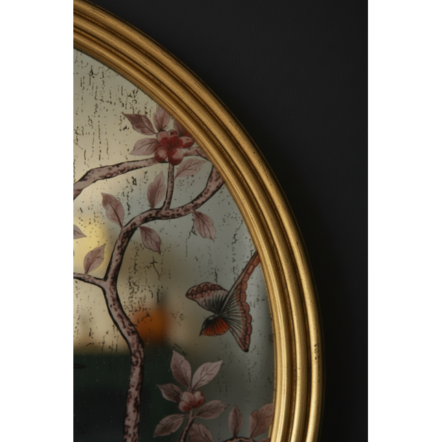 Gold round botanical bird wall mirror - 73cm Diameter