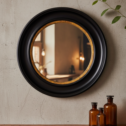 Large Round Black & Gold Convex Wall Mirror 74cm | Porthole Mirror
