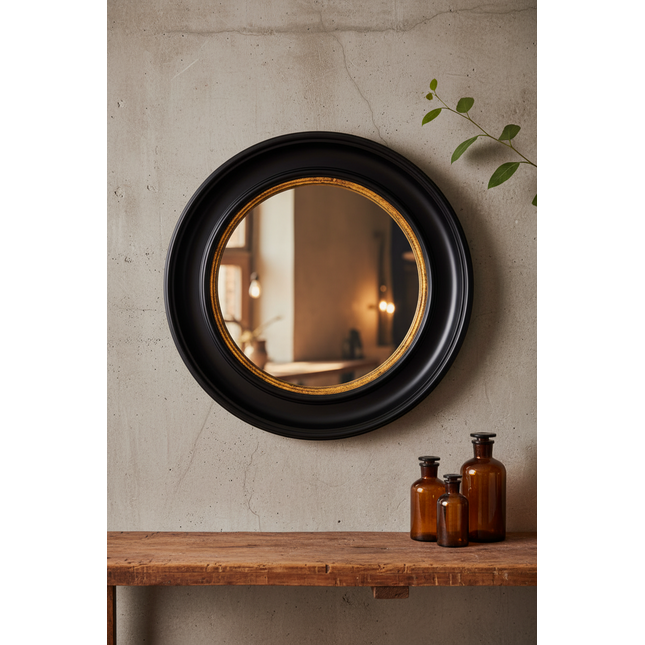 Large Round Black & Gold Convex Wall Mirror 74cm | Porthole Mirror