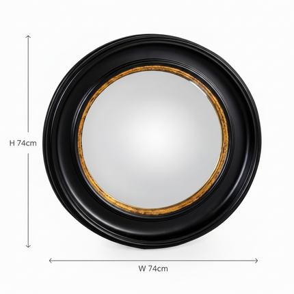 Large Round Black & Gold Convex Wall Mirror 74cm | Porthole Mirror