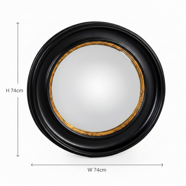 Large Round Black & Gold Convex Wall Mirror 74cm | Porthole Mirror
