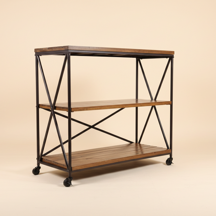 Wooden shelf with metal frame on a beige background