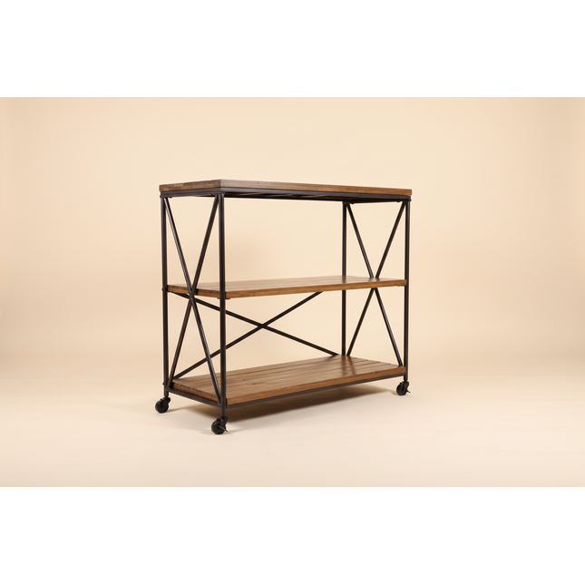 Wooden shelf with metal frame on a beige background