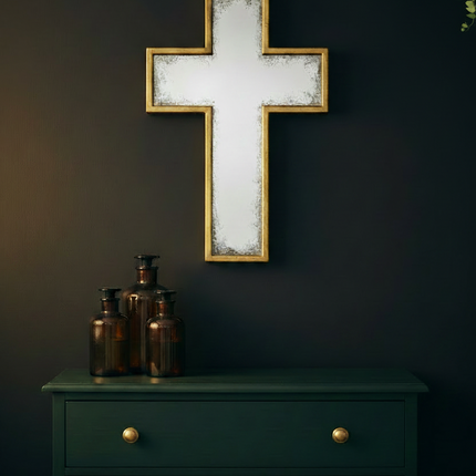 Gold antiqued cross wall mirror - H46cm - Elderflower Lane