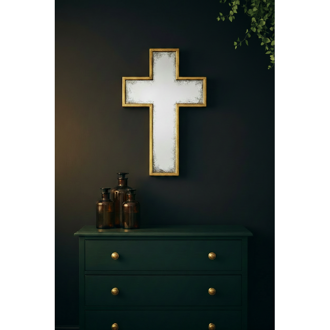 Gold antiqued cross wall mirror - H46cm - Elderflower Lane