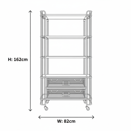 Tall 4 tier caged metal & wood baker display shelves on wheels.