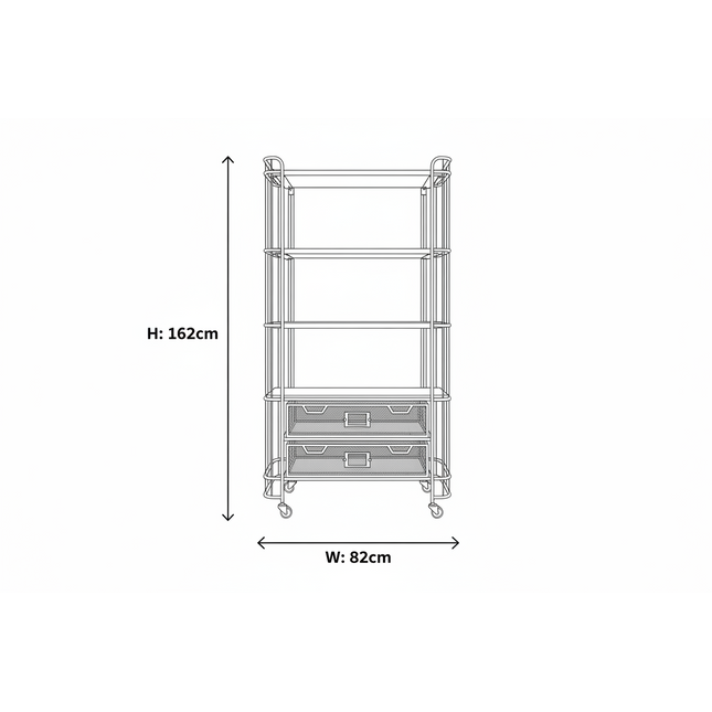 Tall 4 tier caged metal & wood baker display shelves on wheels.