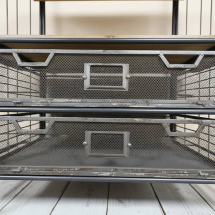 Tall 4 tier caged metal & wood baker display shelves on wheels.